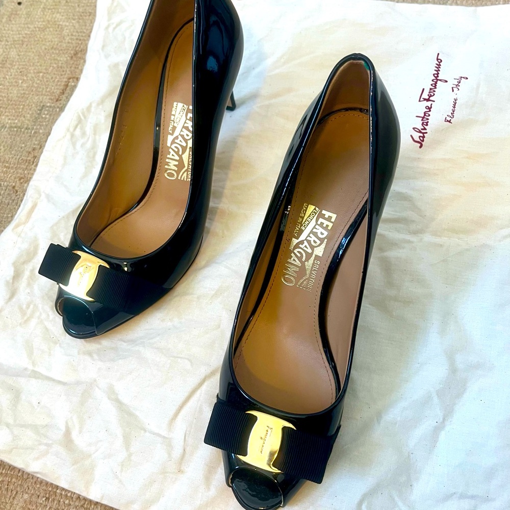 Salvatore Ferragamo Black Patent Bow Peeptoe Heels